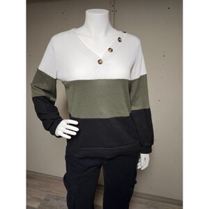 5/$25 SALE! Women's Color Block Waffle Knit Button Detail Long Sleeve Shirt